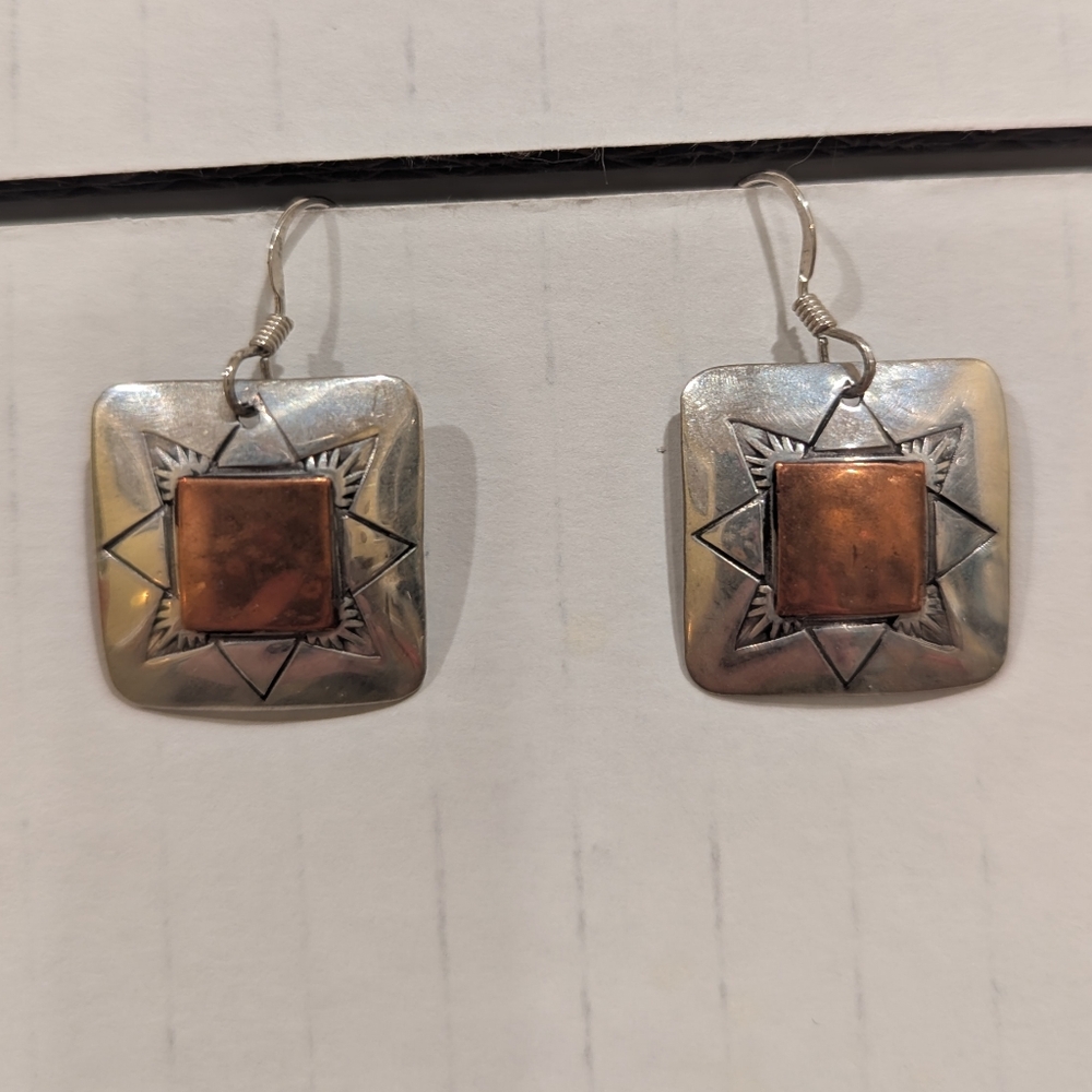 Copper and Sterling Silver Starburst Earrings. Made By Navajo Artist Michael Sli